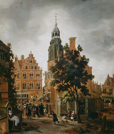 De Munttoren met een kwakzalver die zijn koopwaar prijst, Amsterdam door Sybrandt van Beest